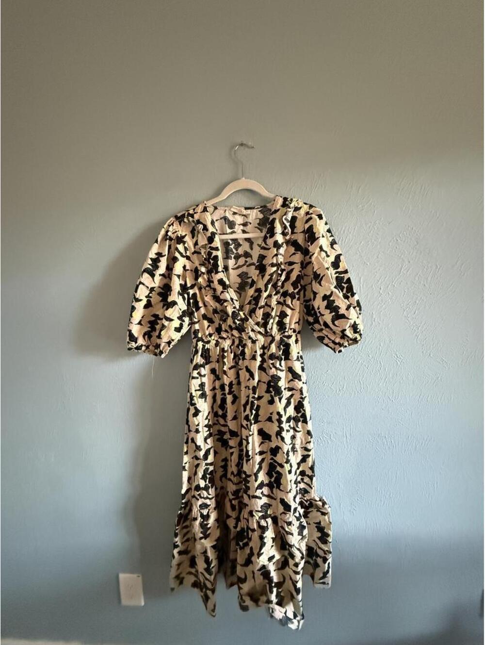 Melloday black and beige abstract leaf print dress maxi ruffle sleeve